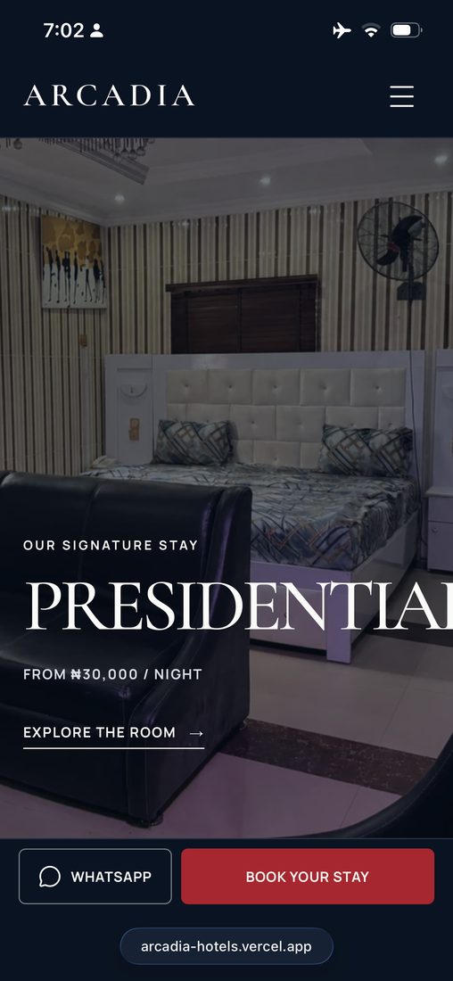 Arcadia Hotel website, presidential suite page