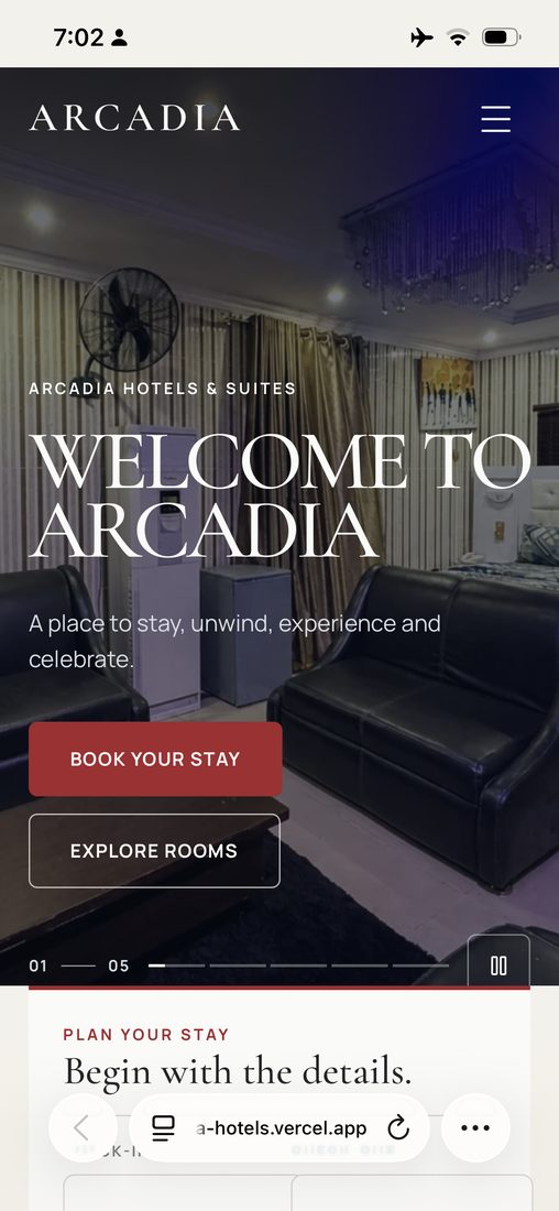 Arcadia Hotel website, homepage