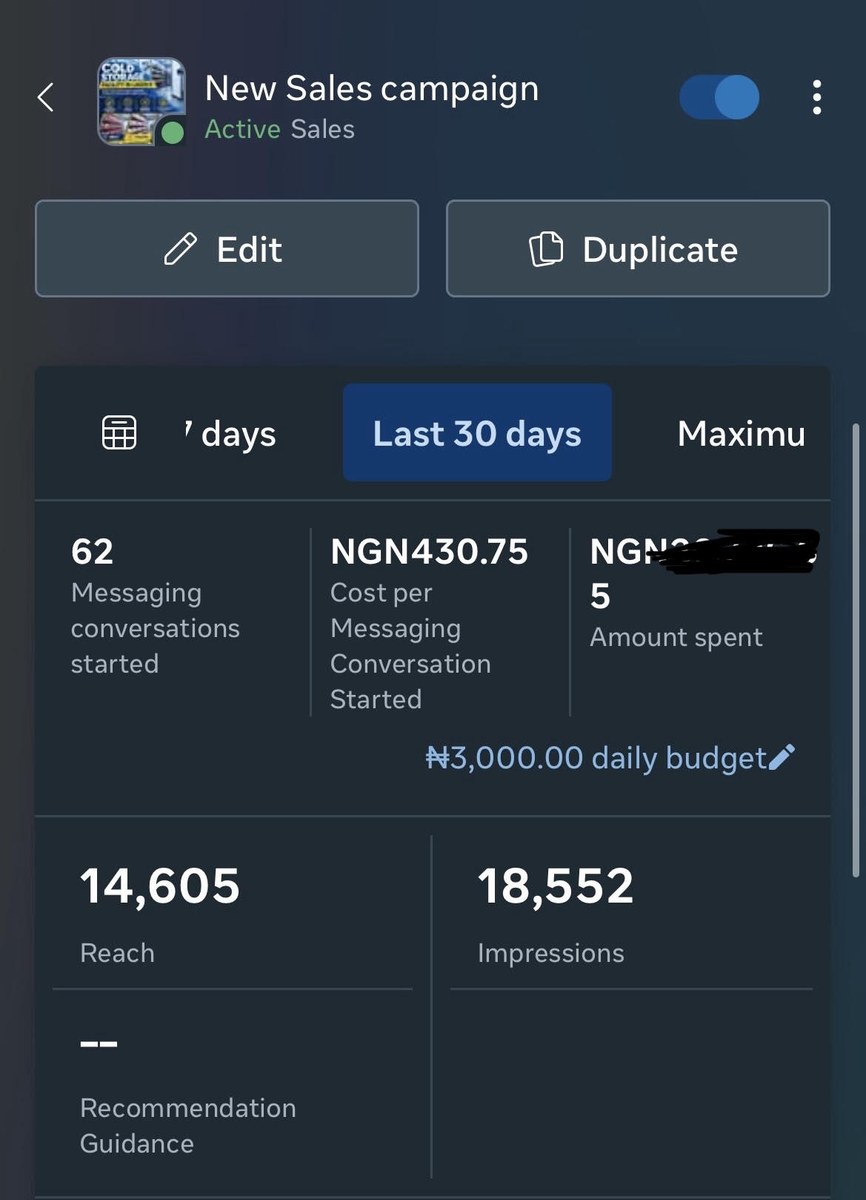 Kaslina Foods Meta Ads Manager results: 18,552 impressions, 14,605 reach